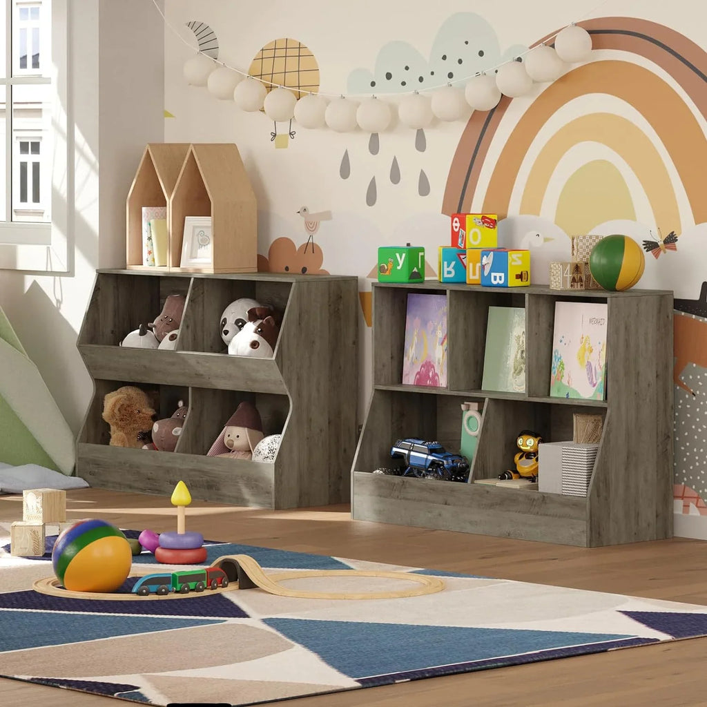 Cubby Shelf Bookcase, Storage Cabinet, Bedroom, Long, Wooden YGDU 39.4" Storage for Gray School, Book Toy Nursery, Children Hallway, Toddler , Kids Toy 4 Toy Organizer, Wash