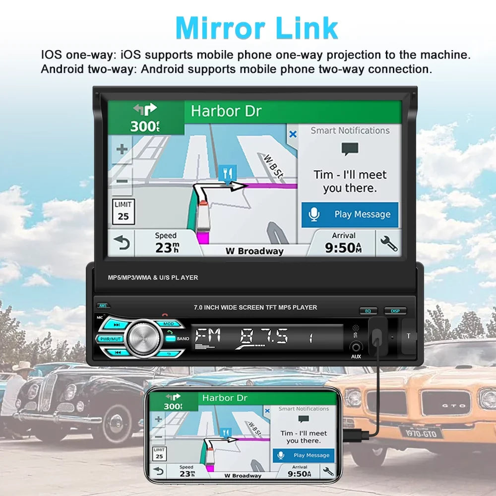 Player LED Backup Camera Retractable 1 Universal Touchscreen 12 Link Single Car Video DIN with Stereo Auto Apple FM Podofo Mirror Function, Carplay Bluetooth Radio Android HD Auto 7"