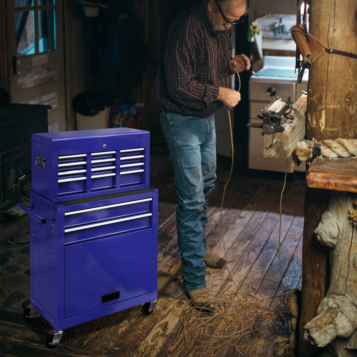 Rolling Chest Double Drawers, Drawers, On Chest 2-IN-1 & Blue Sliding Large Box Drawers, Capacity Cabinet Lockable Tool Wheels Tool with Box, with with Tool Tool 8 Hidden Organizer