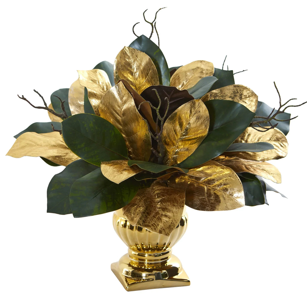 Magnolia Leaf in Planter Gold 18” Artificial Nearly Natural Arrangement