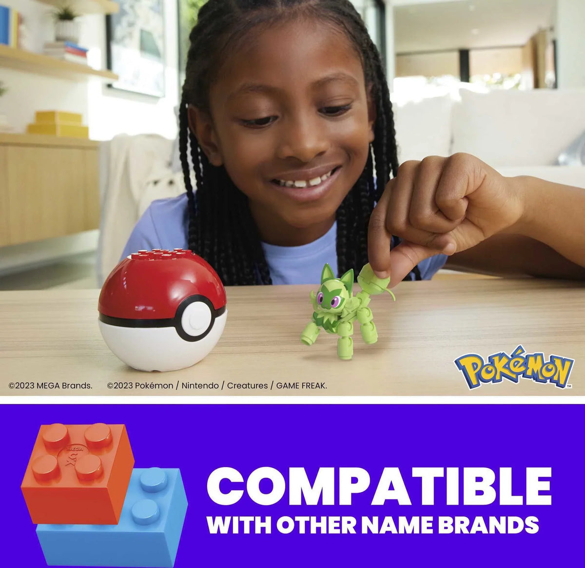 Toy Poke with for Pokemon Action Sprigatito Kids Kit, Ball Poseable (27 Pieces) MEGA Figure Building