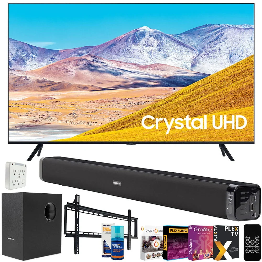 Essentials Soundbar Bundle TV & with UHD Surge Digital TV) UN65TU8000 4K Screen Mount, (65TU8000 Adapter, Wall 60W (2020) Gear LED 65 and Samsung TV Cleaner Subwoofer, 65" TV Smart Inch Deco 65-inch