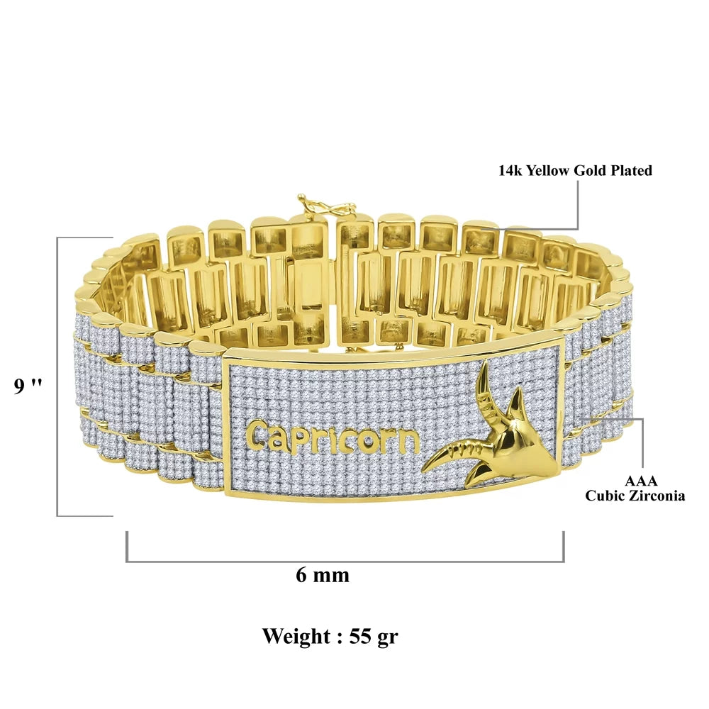 Horoscope Zodiac Astrology Gold 14K 8.5'' Diamond Capricorn Horse Tone Simulated Mens Sign Bracelet Yellow