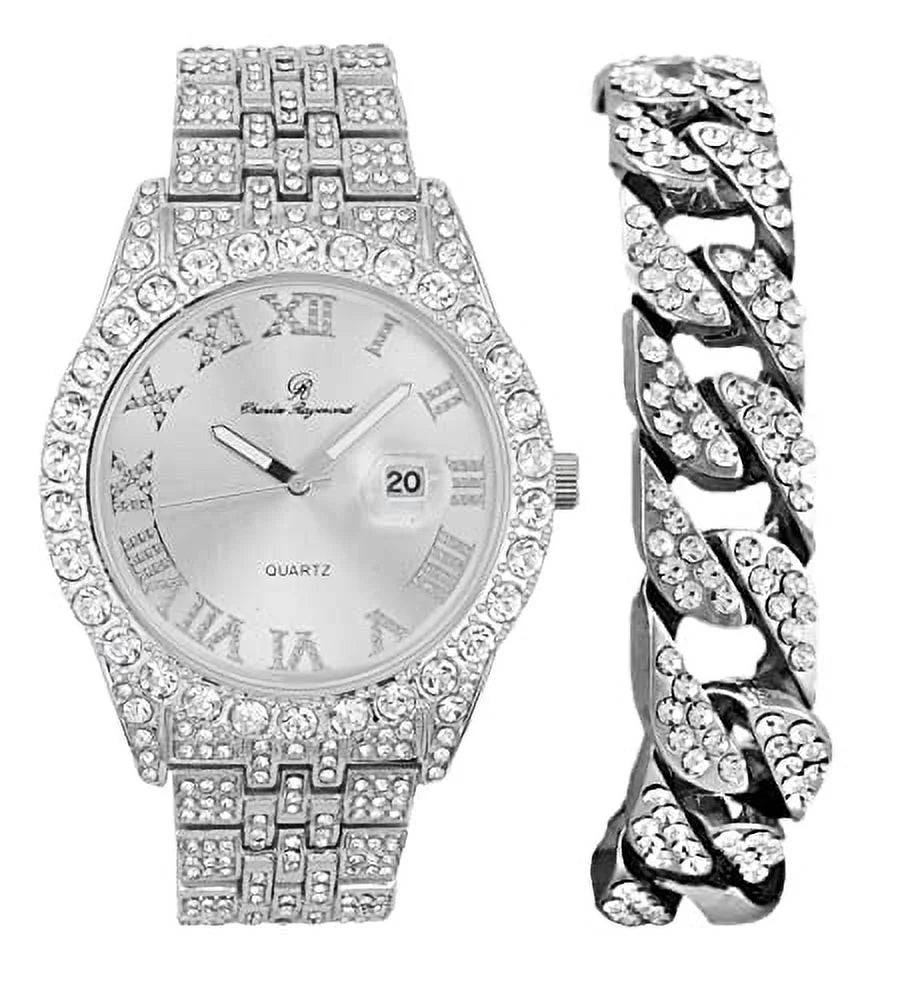 Colorful Out Watch Fully Rocks Date Hip Dials- and Out Big Numerals Raymond Timepiece Mens ST0226RND Cuban Charles Hop w/Roman Blinged Read - Silver w/Easy Designer Silver Iced