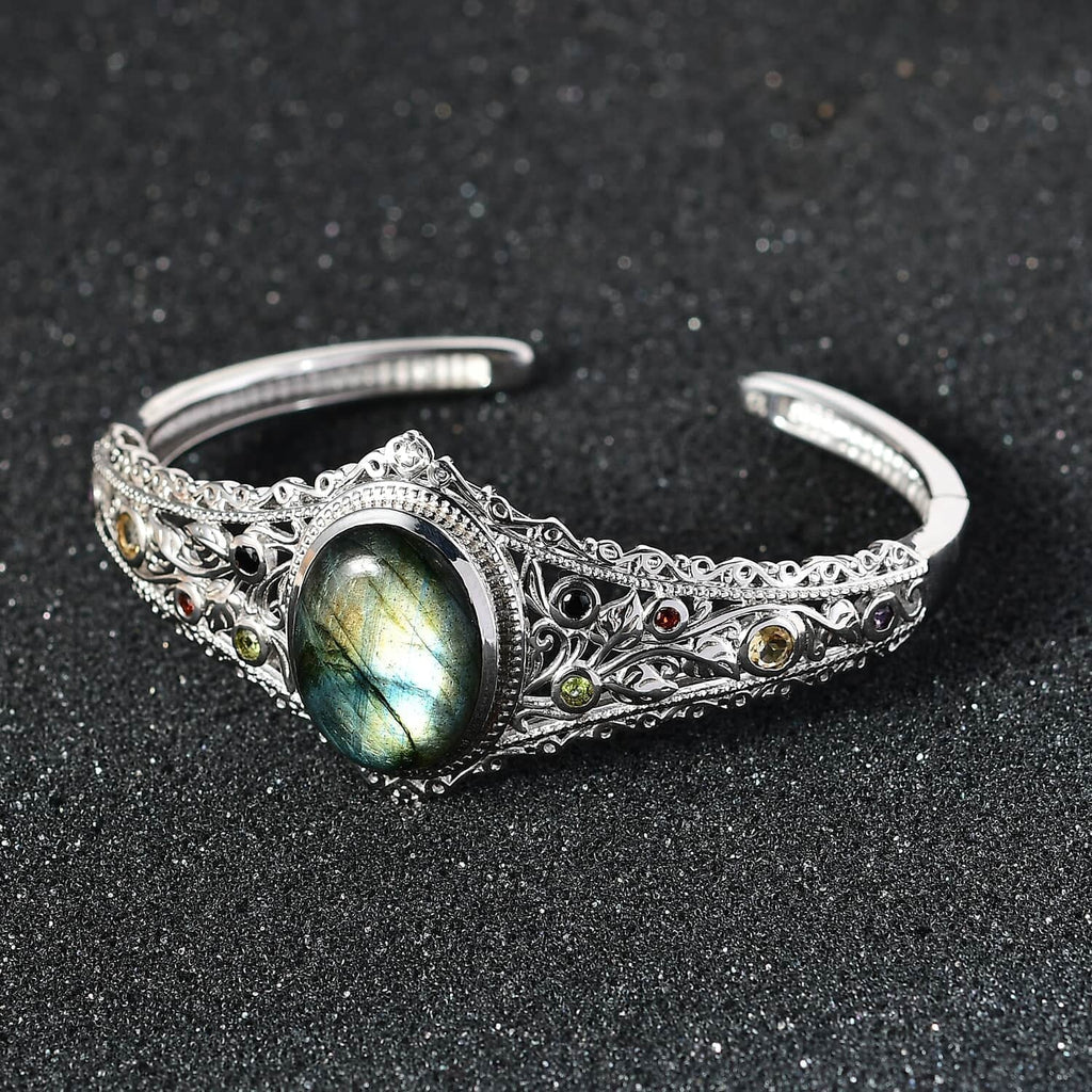 Multi Ct Birthday for Oval Mom for Shop Gifts Mothers LC Women Plated Platinum Cuff 15.05 Bracelet Day Size Gemstone Labradorite Bangle Jewelry 7.25"