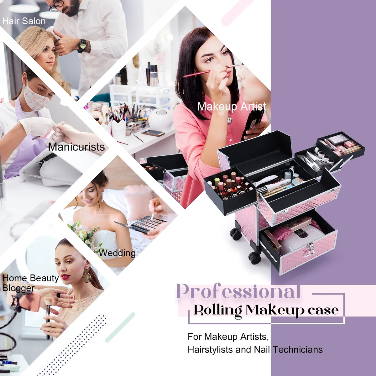 Trolley Professional Rolling Makeup Drawers, with Cosmetic Pink Joligrace Case