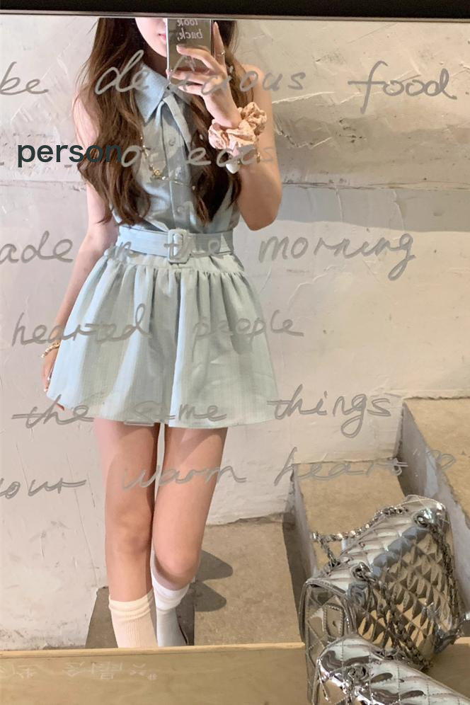 Han Man [In Pei  Sleeveless Short  Mambo Women Tie Waisted Commuter S Oni Pei Neck es Stock]] Halter Mint Deeeefuu