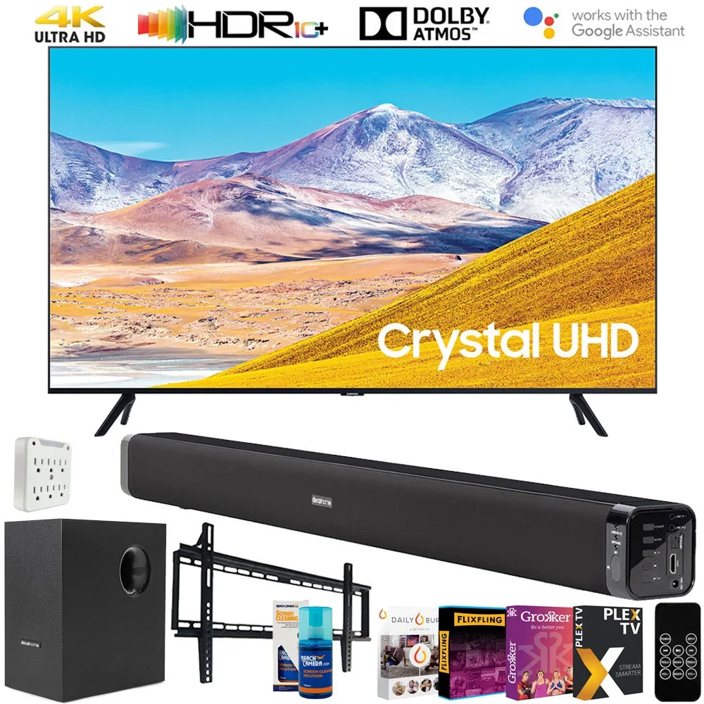 Essentials Soundbar Bundle TV & with UHD Surge Digital TV) UN65TU8000 4K Screen Mount, (65TU8000 Adapter, Wall 60W (2020) Gear LED 65 and Samsung TV Cleaner Subwoofer, 65" TV Smart Inch Deco 65-inch