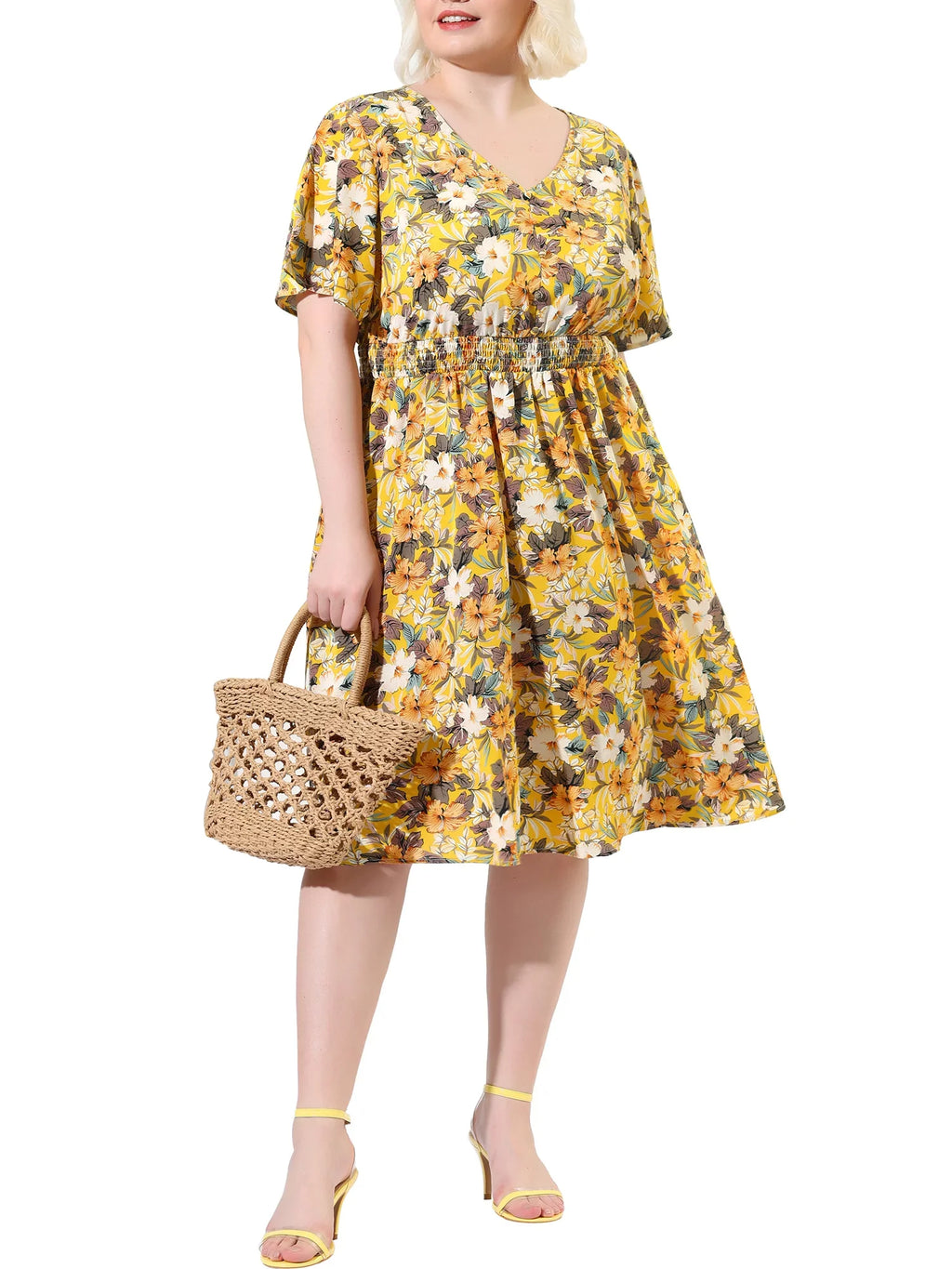 Sleeve Yellow NOVA Juniors' Midi Print Floral 3X V Neck Relaxed  MODA Flare Plus