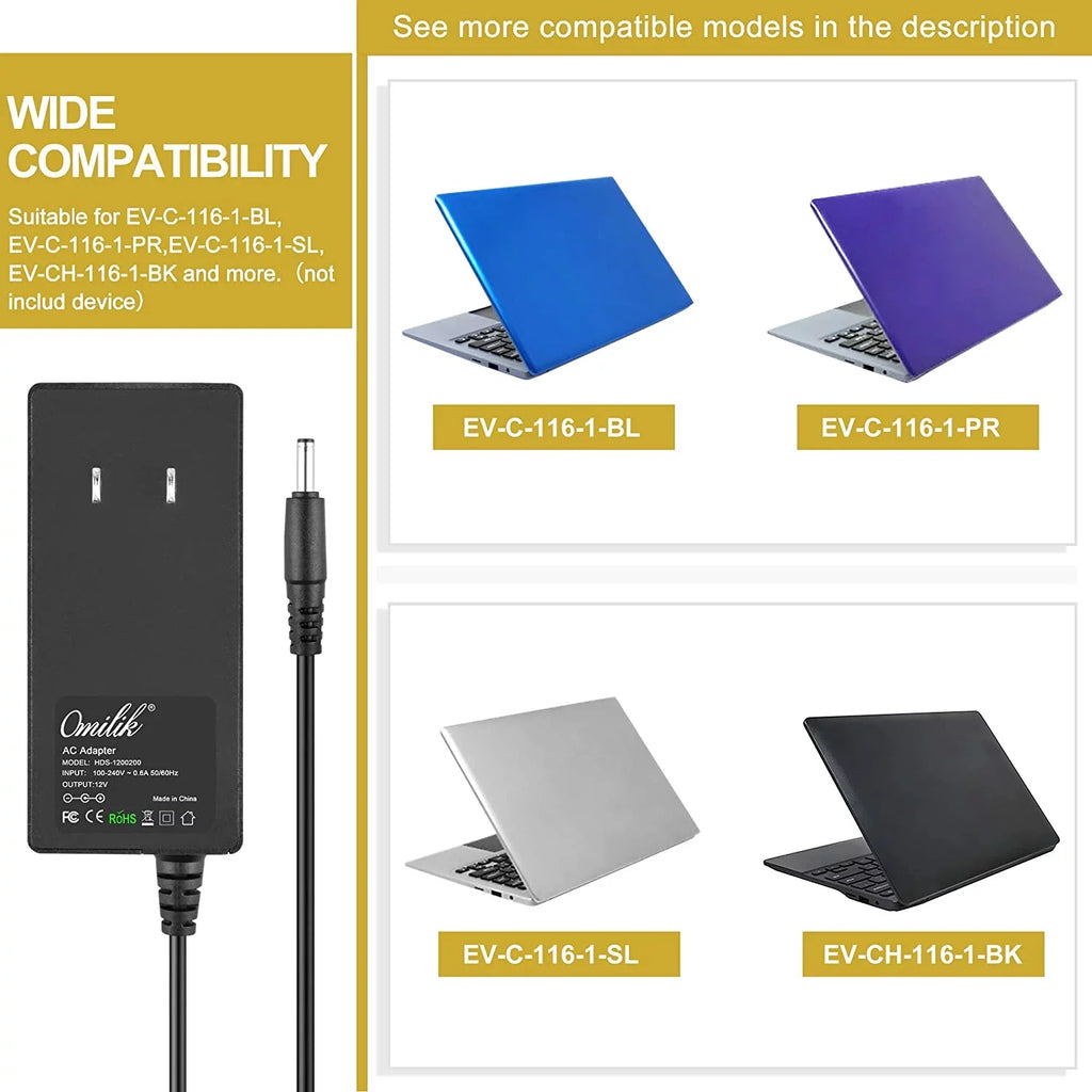 Ultra 12V EV-C-116-1 Power AC Wall Charger for Adapter EV-CH-116-1-BK Thin 11.6" EVOO Laptop Cord