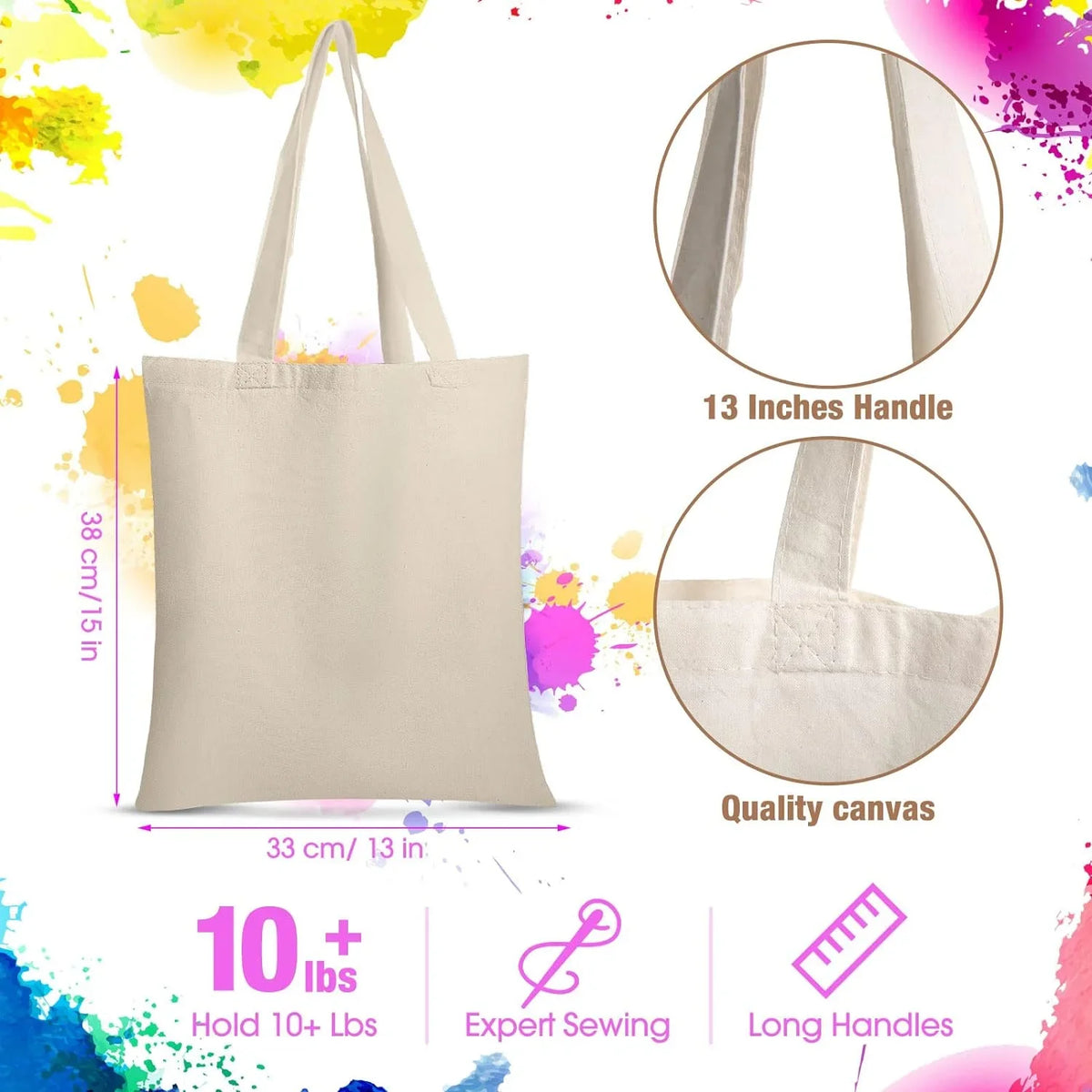 Shopping Reusable x Blank 13 Plain with Tote 24 Bags, Crafting and Handles H W 15 Canvas Pieces Grocery Cloth Inch DIY Bags Lightweight Decorating, for Canvas Bag Inch