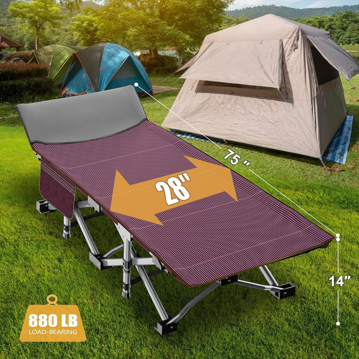 Folding Adjustable - Oxford Camp Heavy Layer, 1200D Travel Duty Camping Cot Outdoor with Mat Bed, Adults for Cots