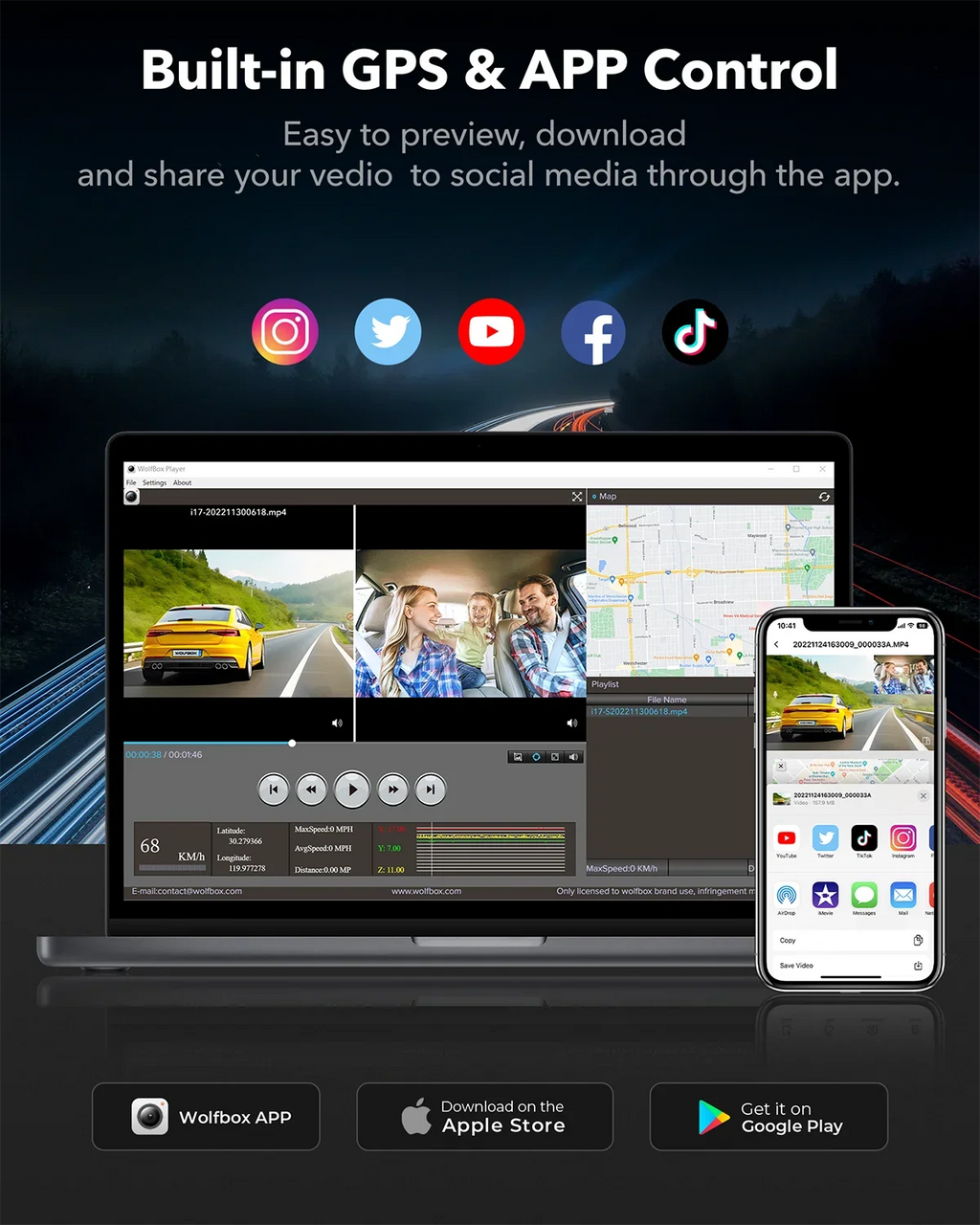 Rear, Dash Dual Camera with IR and 4K+2.5K Camera 3" Card, Dash Dash Vision, WiFi WOLFBOX Night with GPS, 5G Vehicle Cam Super Car LCD UHD Front Cam Built-in 4K 64GB