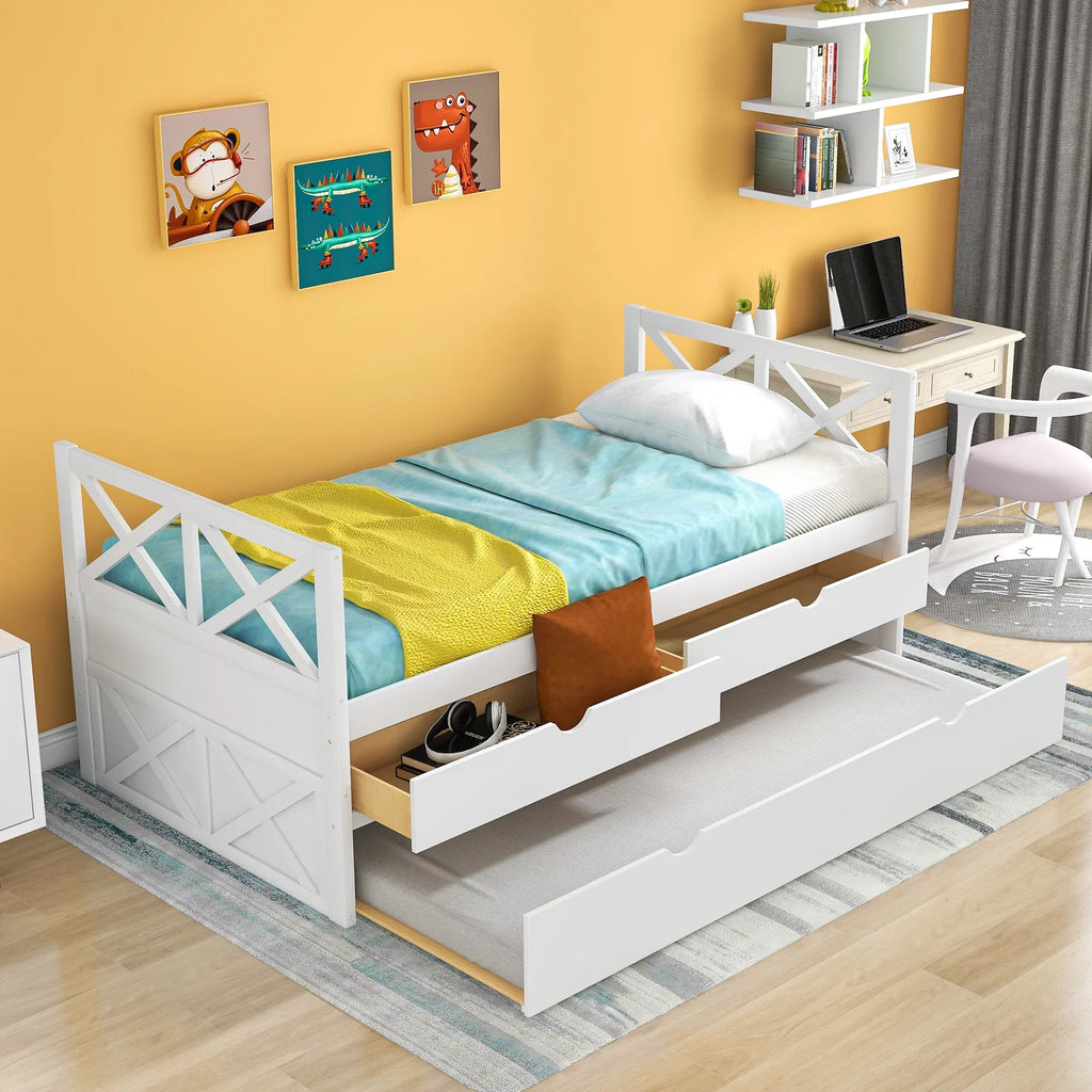 Twin, Bed Colors Wood Captain with Multiple Solid and Drawers, Trundle Merax