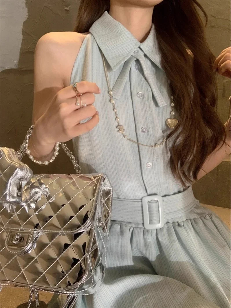 Han Man [In Pei  Sleeveless Short  Mambo Women Tie Waisted Commuter S Oni Pei Neck es Stock]] Halter Mint Deeeefuu