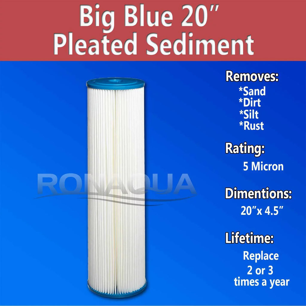 Life Housing, of Rust, & for Blue Removes Silt, Reusable Blue 4) Washable Extended 20" Filter 5 Dirt, Surface Amplified Sediment Sand, Big Pleated (Set Micron by Ronaqua Filter Area, Big