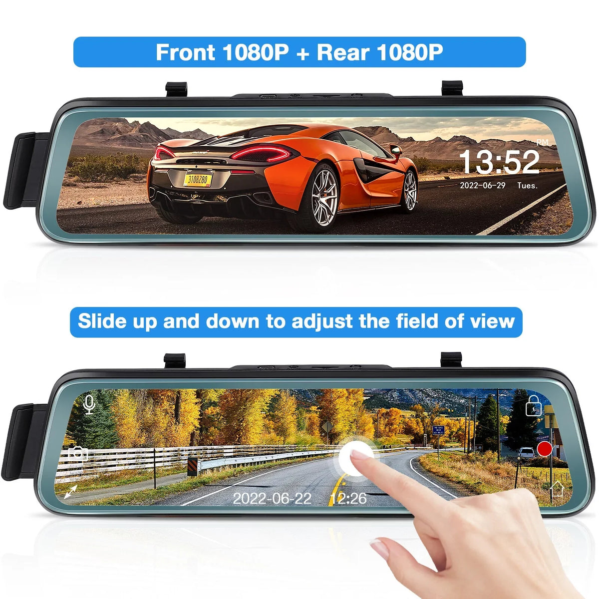 Mirror ViewFHD Dash Full w Rear Screen ' Parking Monitor Angle 10' Rear Cam Recording, Touch Mirror 1080P Backup Camera Wide 170° Front Camera and G-Sensor, Loop Cheefull