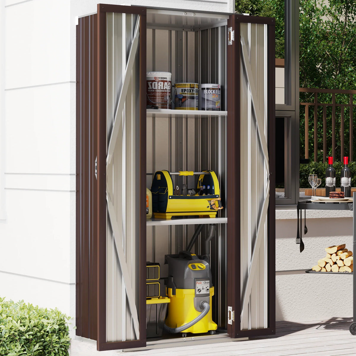 Storage Outdoor/ Cabinet with Garden Storage YODOLLA in Indoor Garage& Shelves Doors Shed Organizer for and 70" Brown