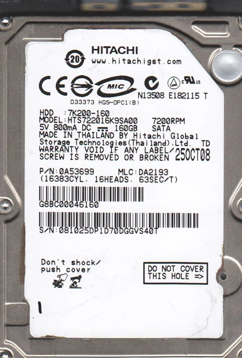 0A53699, Hitachi Drive PN SATA DA2193, 2.5 HTS722016K9SA00, Hard 160GB MLC