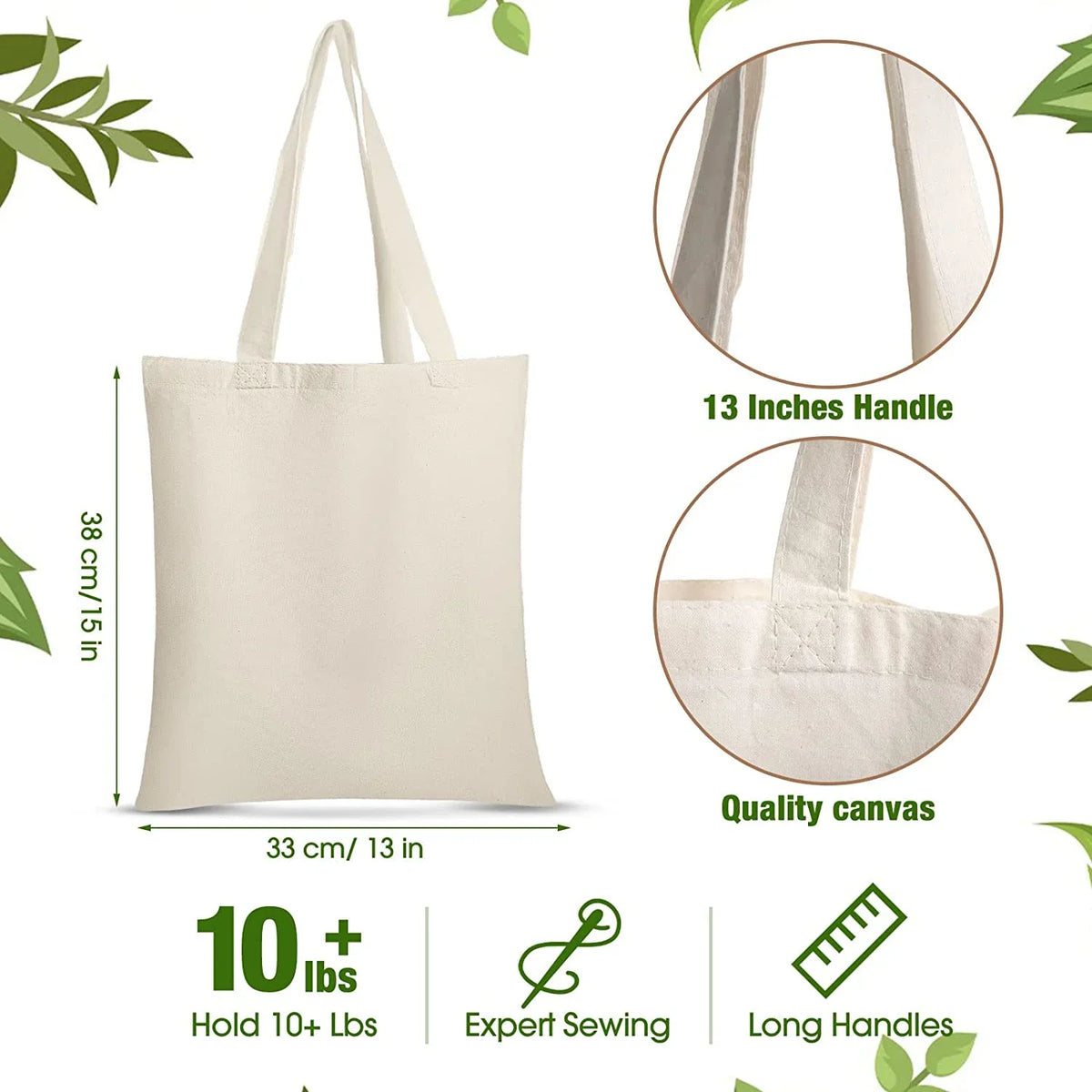 Bulk Handles Tote for Pack Crafts Blank Shopping x DIY 15 Inch Reusable Grocery Canvas Gift Christmas Lightweight Cloth Activity 36 Bag for Women Bag Cotton 13 with Advertising Bag