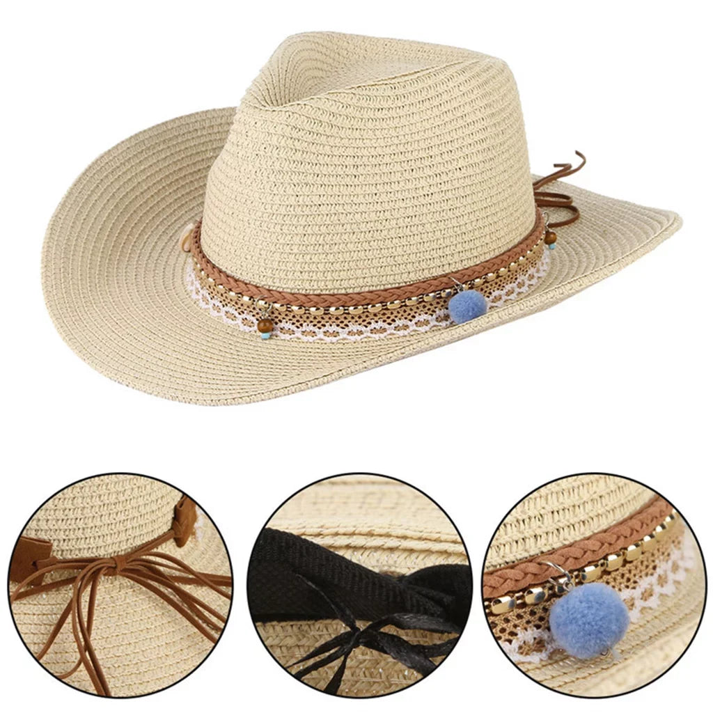 Brim Beige Floppy Packable Trilby Straw Design Big Hat Sun Cowboy Women Western