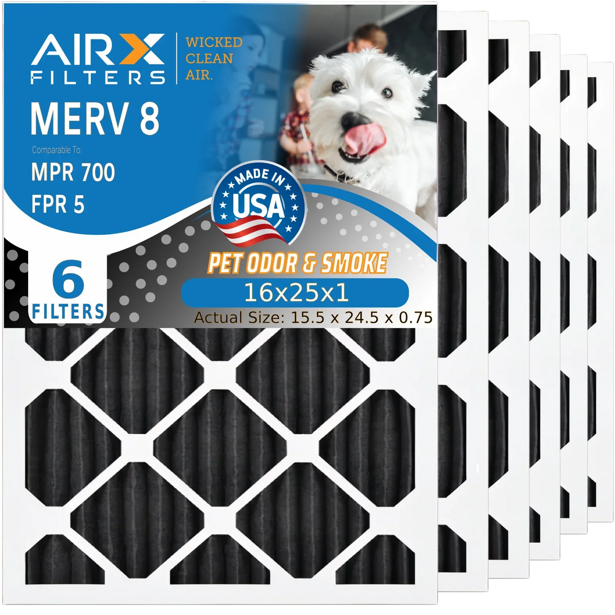 Carbon USA MERV 700 WICKED FILTERS Filters FPR HVAC 16x25x1 Eliminator Filter CLEAN Air AIR. & AIRX 16x25x1 to AC Odor by 6 8 Furnace Filter Comparable Premium Pack MPR Made 5