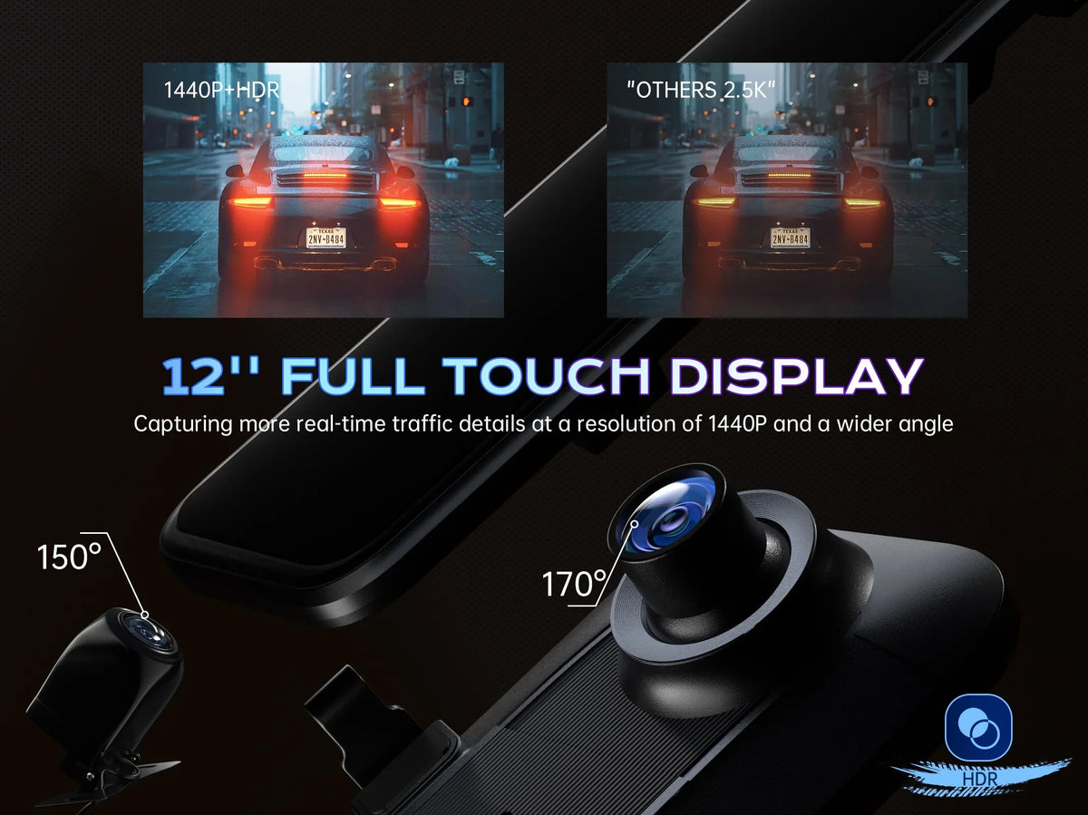 Night Camera, Assistance Pelsee Parking Cam, Mirror Voice QHD and Cam for View Vision, 2.5K Cars Reversing 1440P 12'' Trucks, Dash P12 Front Control, Mirror Rear Dash Assistance, Dual and