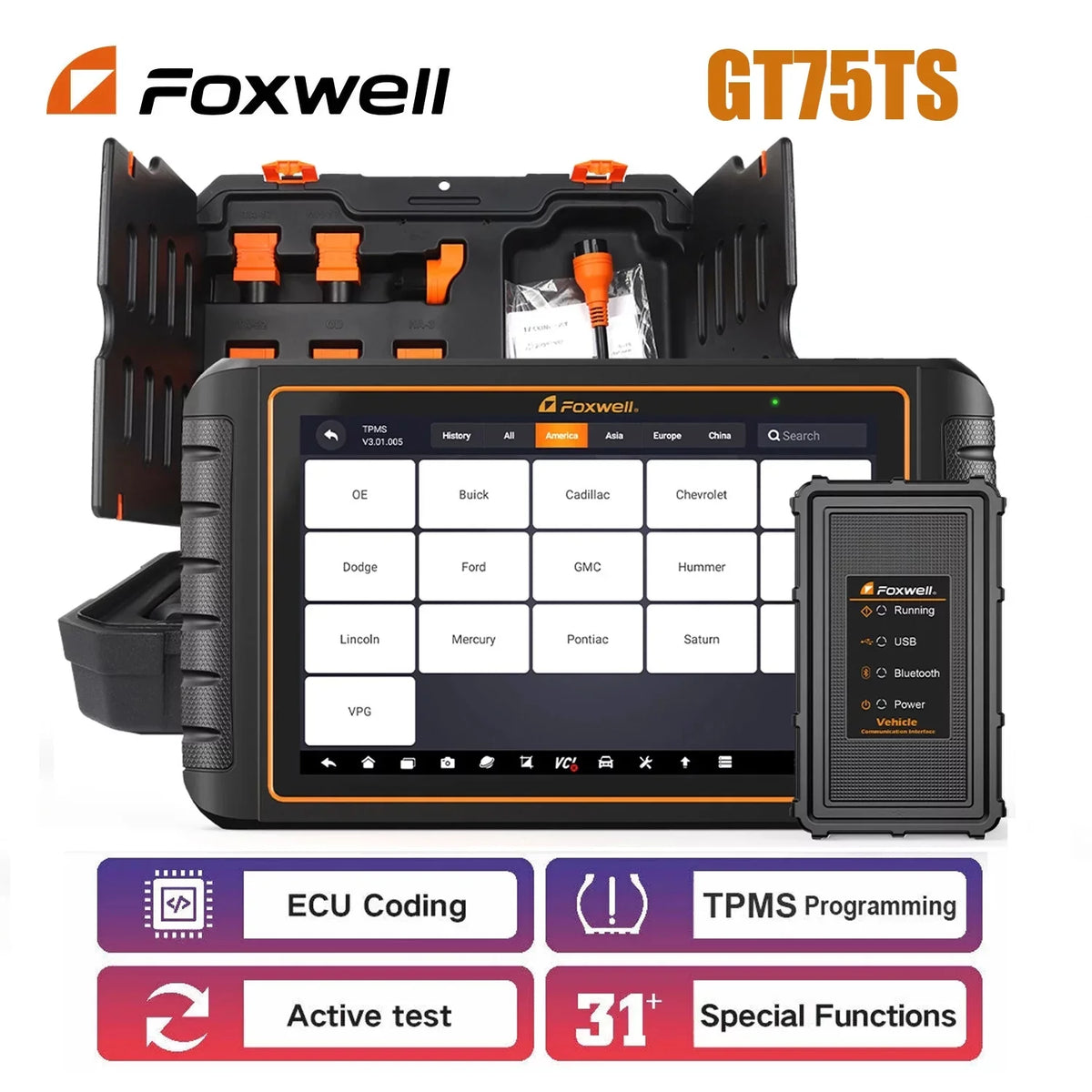 Active All Programming Car Diagnostic EOBD ECU System Reader Test Code Tool Foxwell OBD Scanner Tool Bidirectional TPMS OBD2 Reset Automotive Tool Professional Services Coding Scanner with 36 GT75TS
