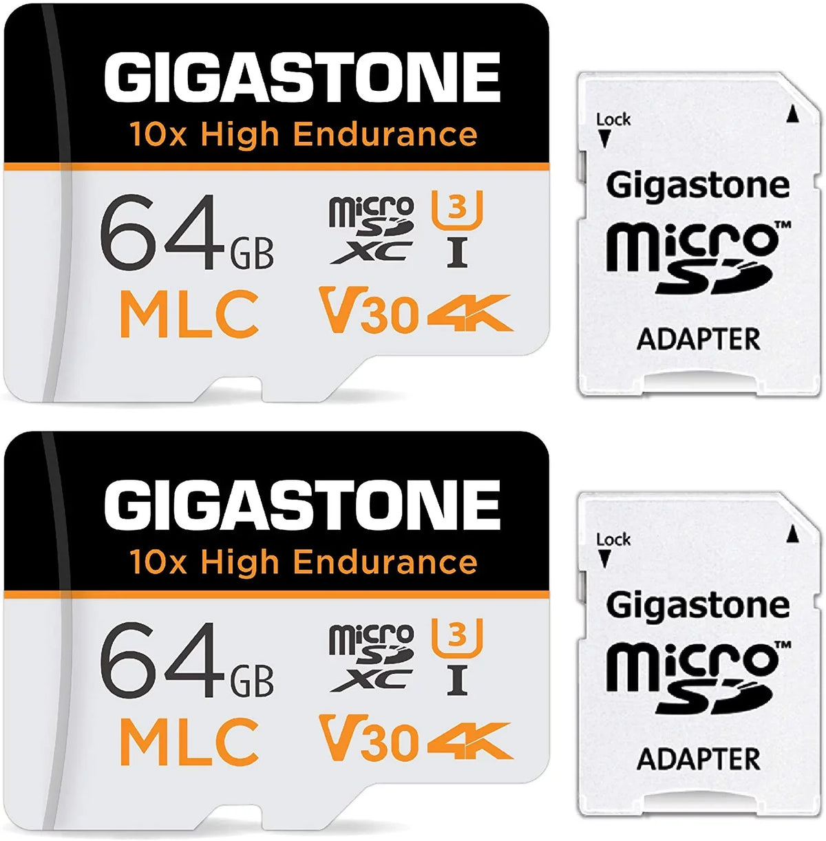 Gigastone 64GB Endurance 100MB/s, Compatible SD (MLC) U3 Card, Recording, 10x Cam, MLC C10, High Video Pack Security (2x64GB) Surveillance Dash Micro Cam, 4K 2