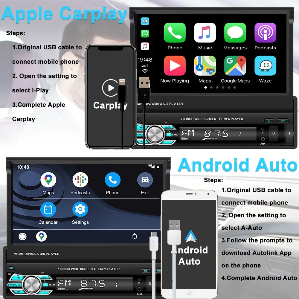 Player LED Backup Camera Retractable 1 Universal Touchscreen 12 Link Single Car Video DIN with Stereo Auto Apple FM Podofo Mirror Function, Carplay Bluetooth Radio Android HD Auto 7"