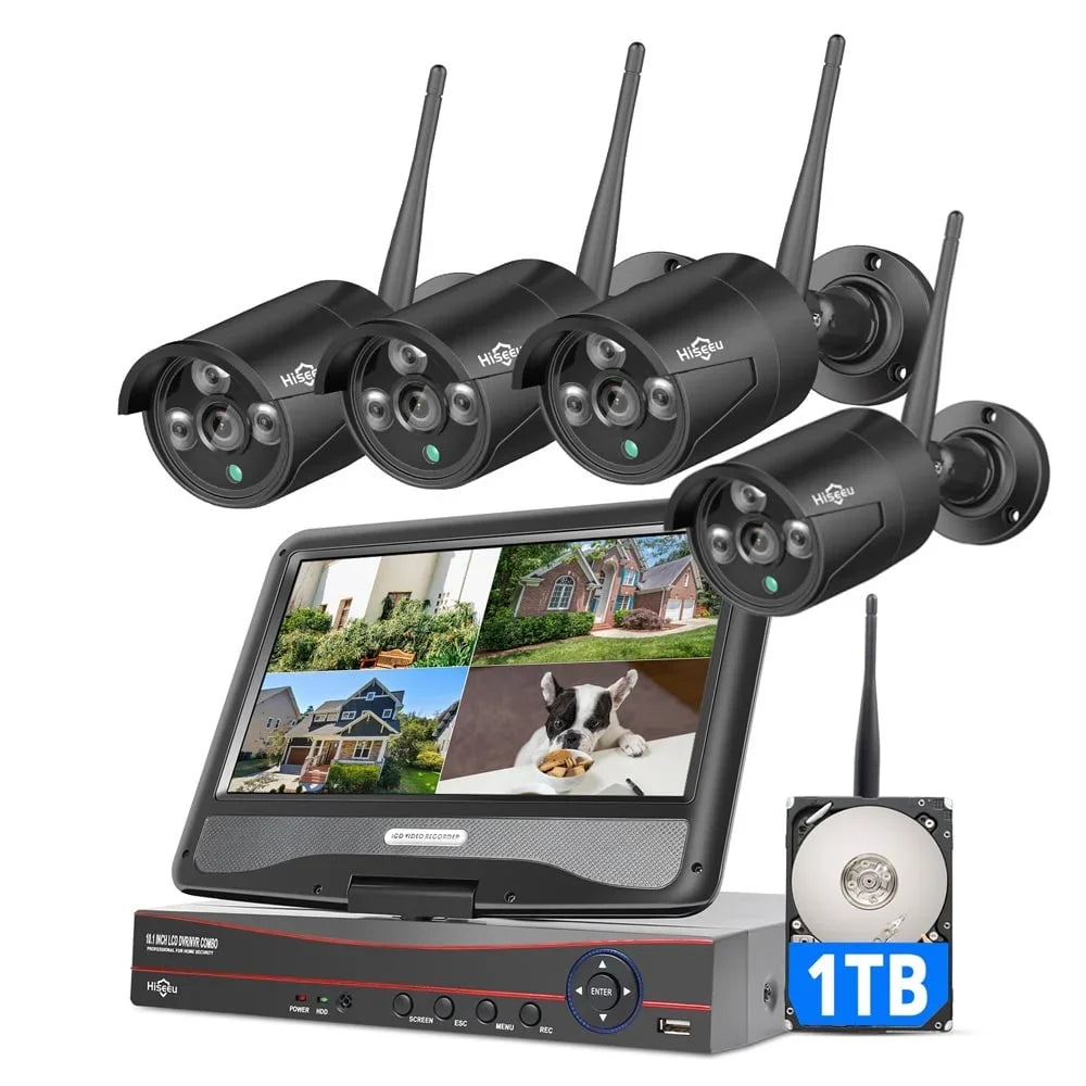 WiFi) Only Channel Wi-Fi Security NVR, 10.1'' System Liquidproof, 2.4Ghz Camera Vision, Drive, Hiseeu with 1TB Audio (Supports Hard Recording, Wireless with Home Camera Security 4Pcs Monitor, Night 10