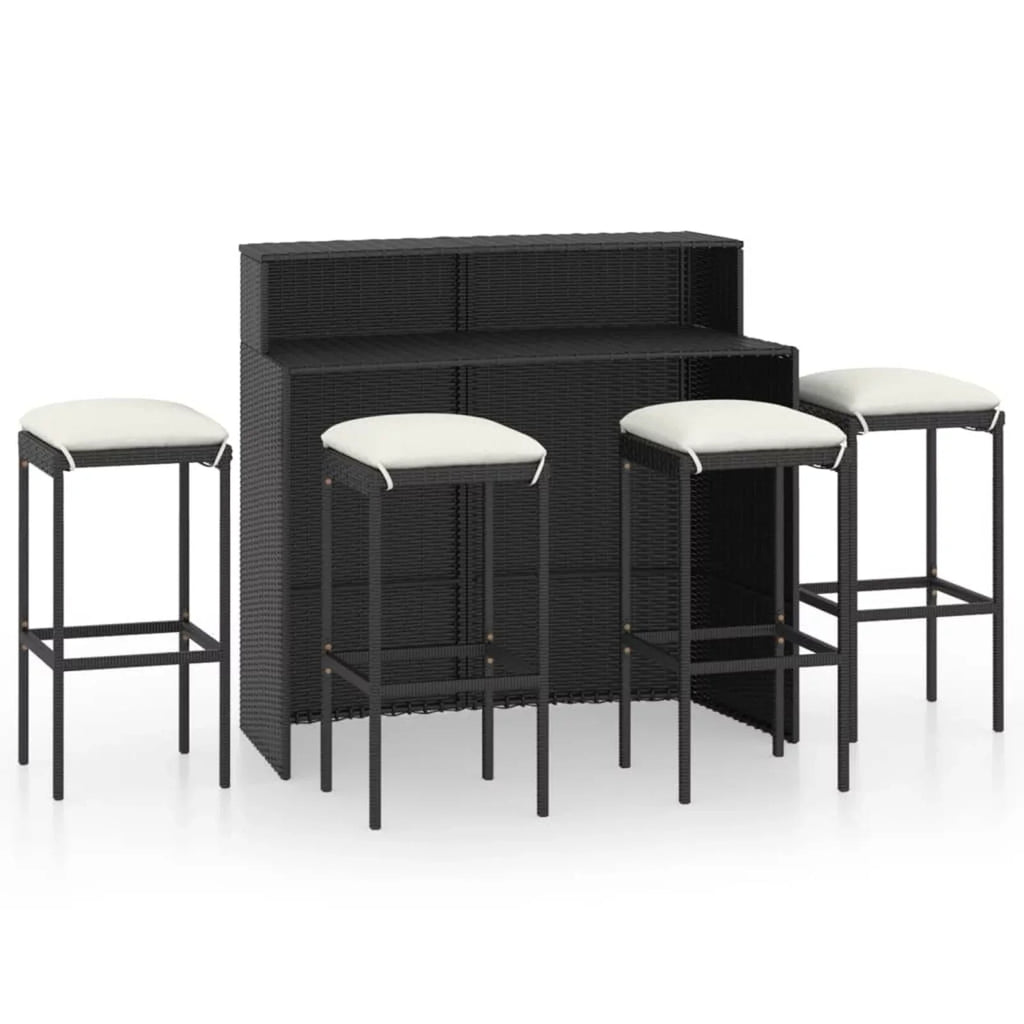 Outdoor Anself Piece Rattan Dining and Shelf Terrace, Cushioned Garden 4 Stool Poly Black Bistro, Set for Patio 5 Chairs Storage Pub, Table Bar Backyard, Set with