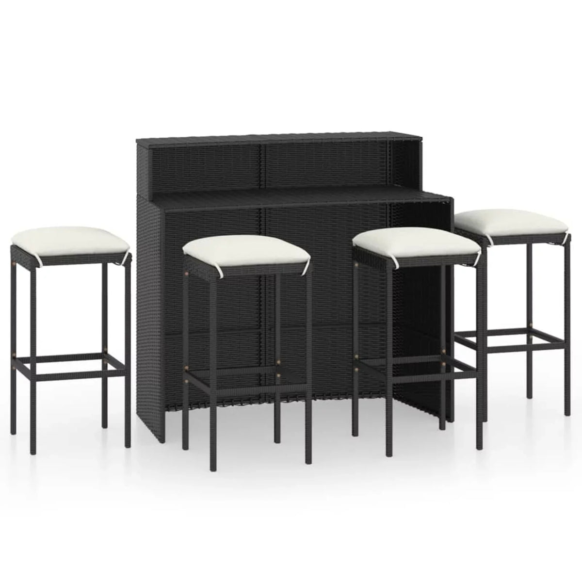 Outdoor Anself Piece Rattan Dining and Shelf Terrace, Cushioned Garden 4 Stool Poly Black Bistro, Set for Patio 5 Chairs Storage Pub, Table Bar Backyard, Set with