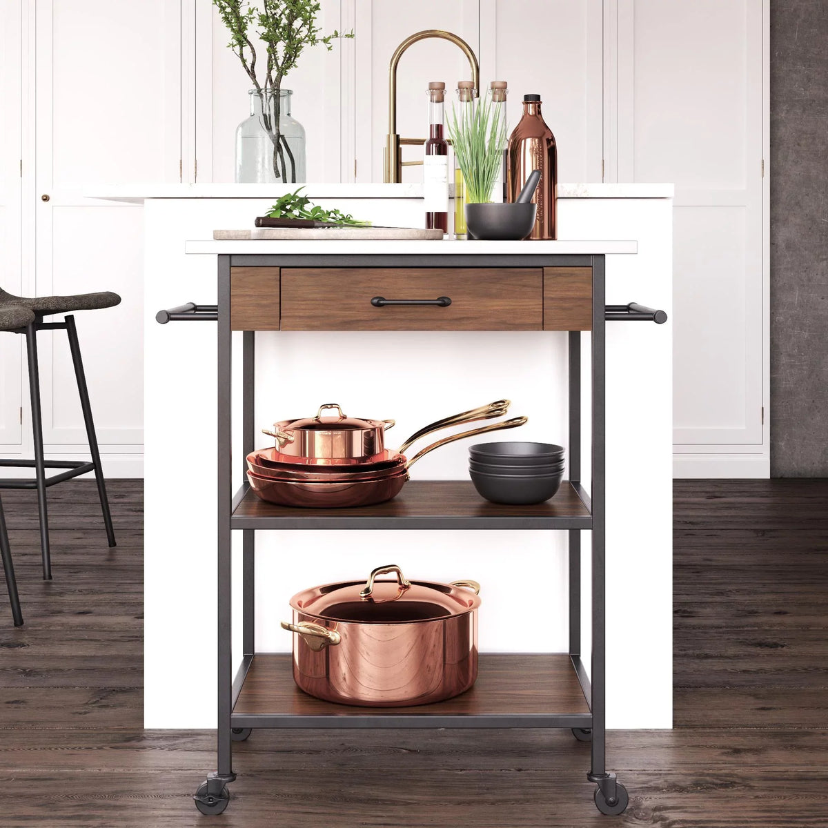 Cart, Black Counter Frame, Brown Pantry Kane Stainless Steel Storage,  Kitchen Top, DHP