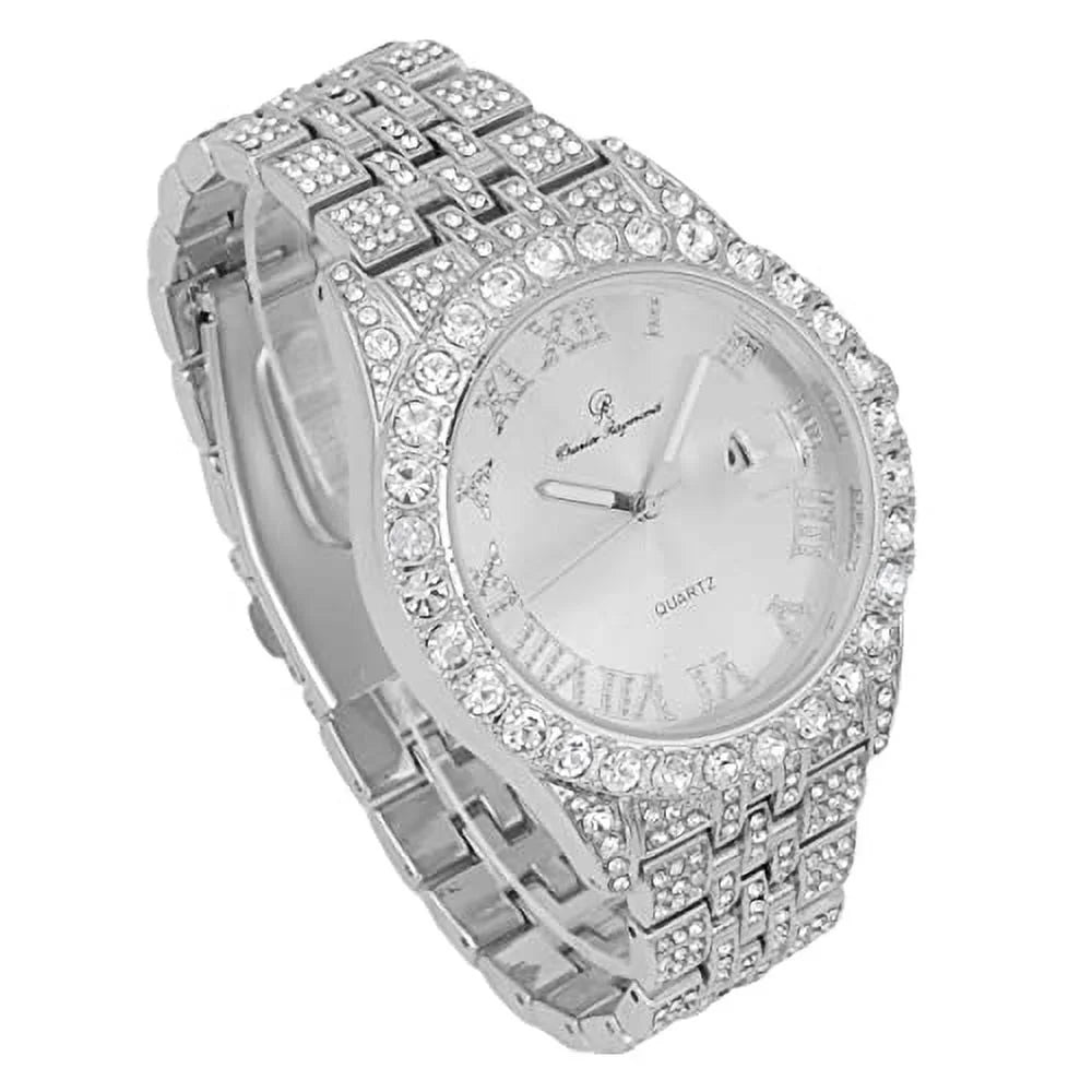 Colorful Out Watch Fully Rocks Date Hip Dials- and Out Big Numerals Raymond Timepiece Mens ST0226RND Cuban Charles Hop w/Roman Blinged Read - Silver w/Easy Designer Silver Iced