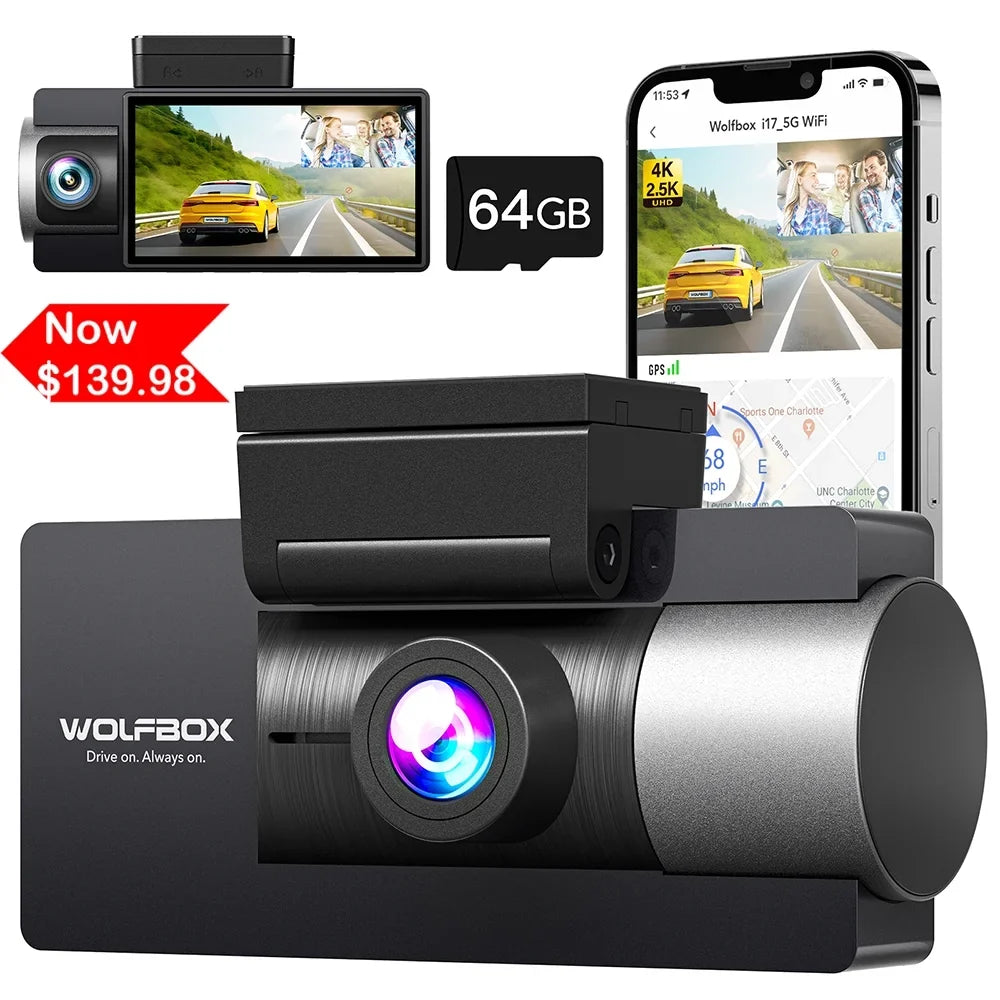 Rear, Dash Dual Camera with IR and 4K+2.5K Camera 3" Card, Dash Dash Vision, WiFi WOLFBOX Night with GPS, 5G Vehicle Cam Super Car LCD UHD Front Cam Built-in 4K 64GB