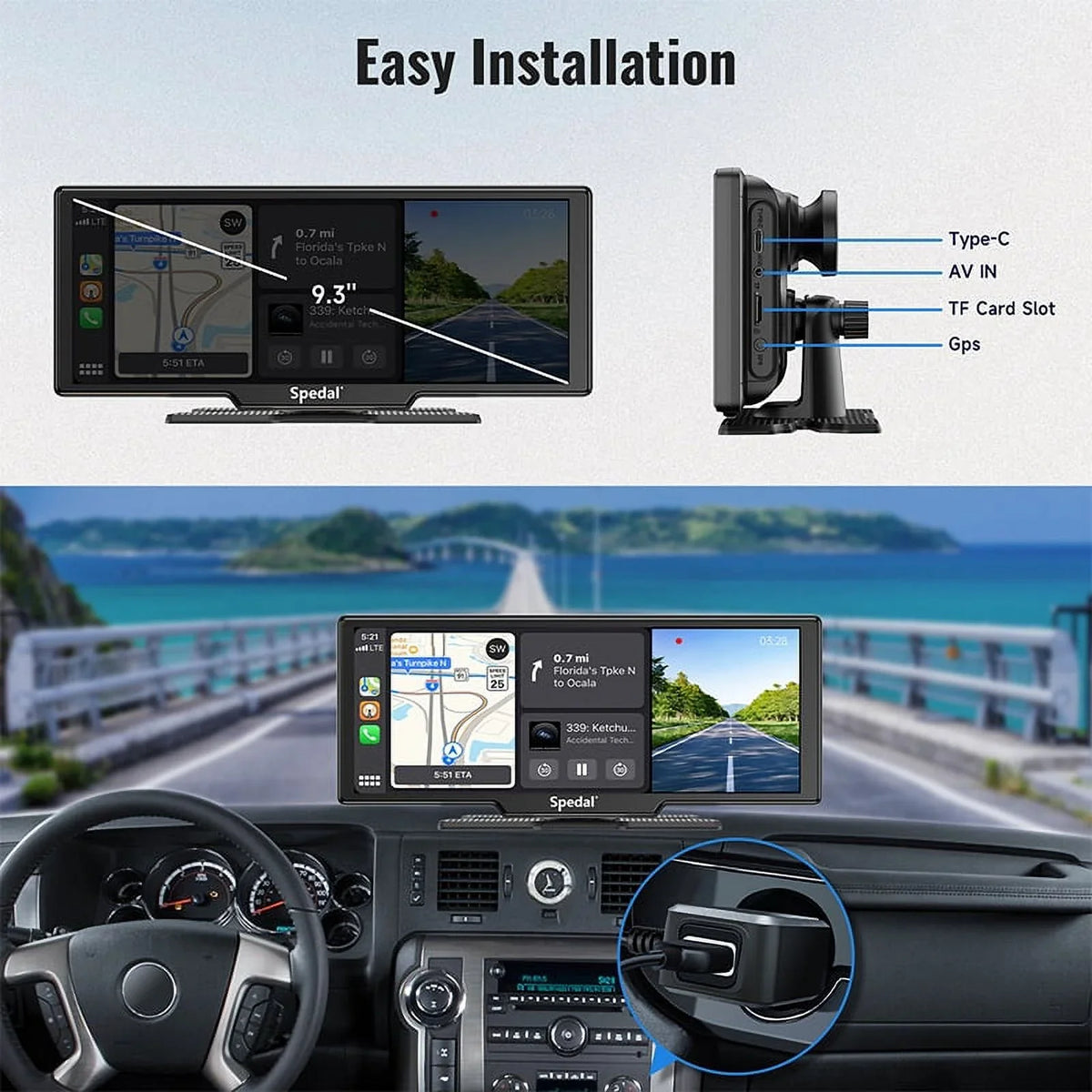 CarPlay Rear- Bluetooth GPS CarPlay Apple Stereo Rear Spedal ＆Android Car and Wireless with Navigation Car Unit 1080p 9.3" Front Auto Dash Screen Cam Receivers Camera Stereo Head 4K Portable CL860
