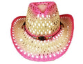 Cowgirl COWBOY Hot Tea HAT Pink Beads with Ombre Summer Gardening Hat Paper Straw WESTERN Beach Stain