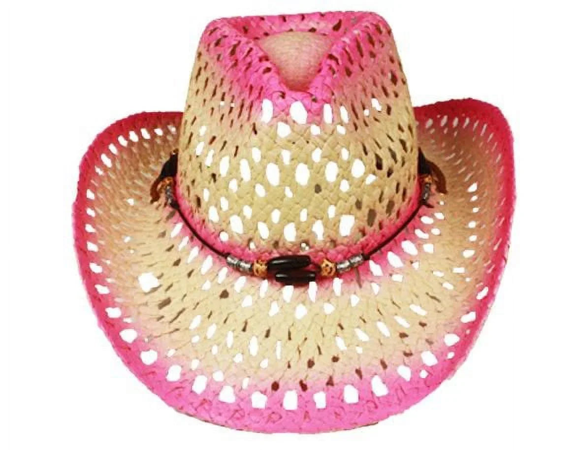 Cowgirl COWBOY Hot Tea HAT Pink Beads with Ombre Summer Gardening Hat Paper Straw WESTERN Beach Stain