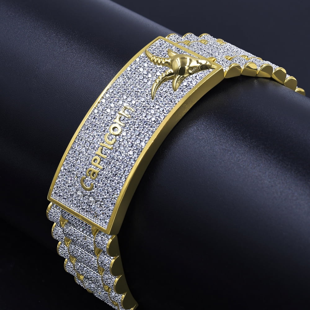 Horoscope Zodiac Astrology Gold 14K 8.5'' Diamond Capricorn Horse Tone Simulated Mens Sign Bracelet Yellow