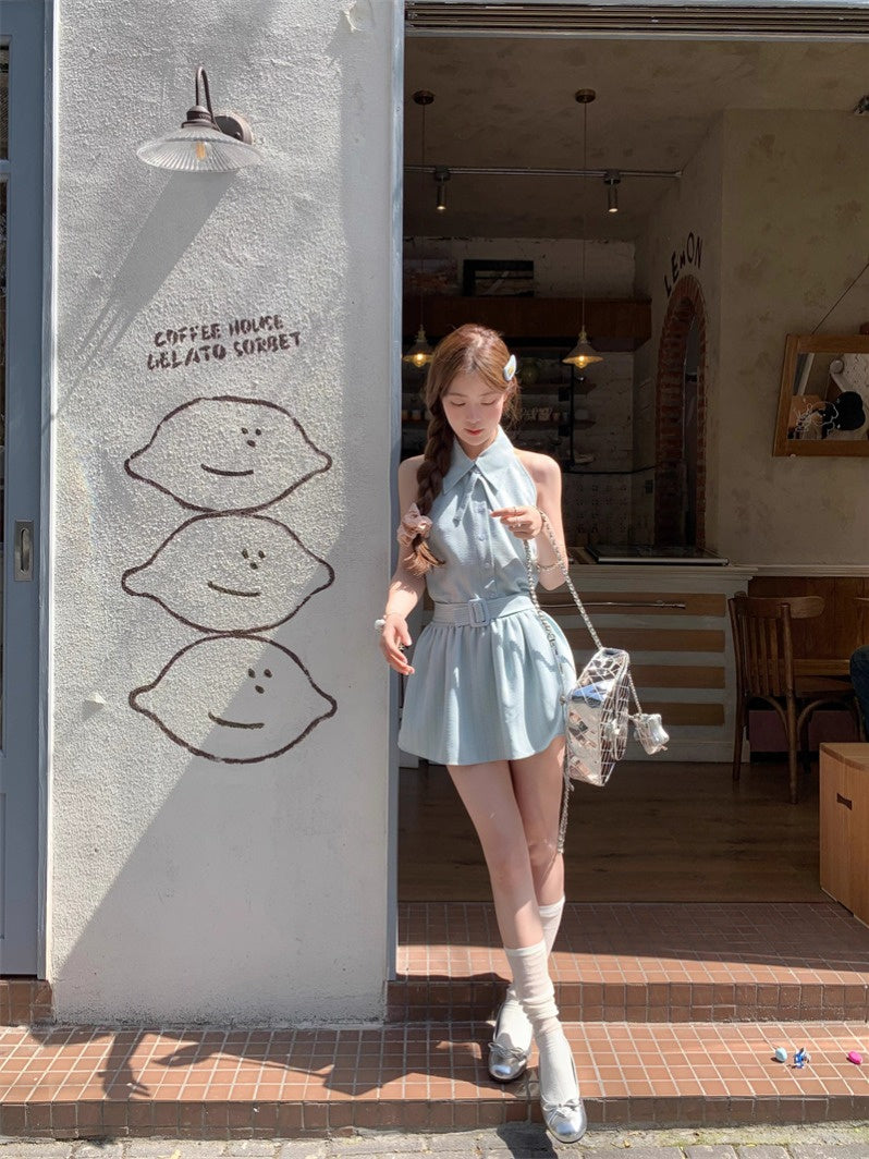 Han Man [In Pei  Sleeveless Short  Mambo Women Tie Waisted Commuter S Oni Pei Neck es Stock]] Halter Mint Deeeefuu