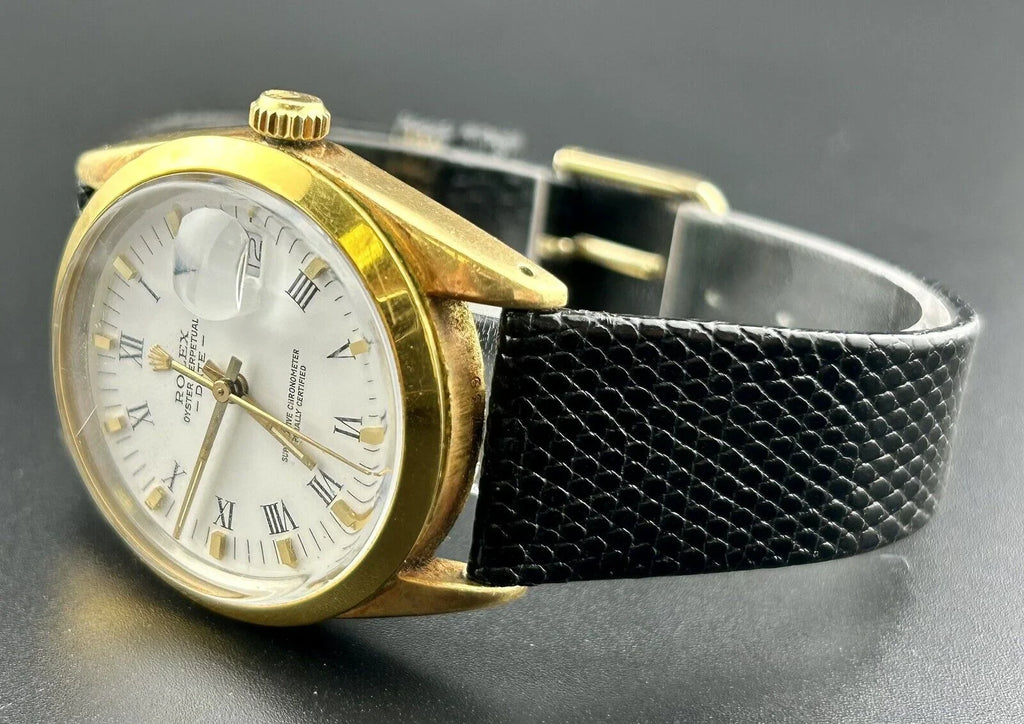 Perpetual 15505 Watch Gold Rolex Date Dial Shell Oyster Vintage White 34mm Men's