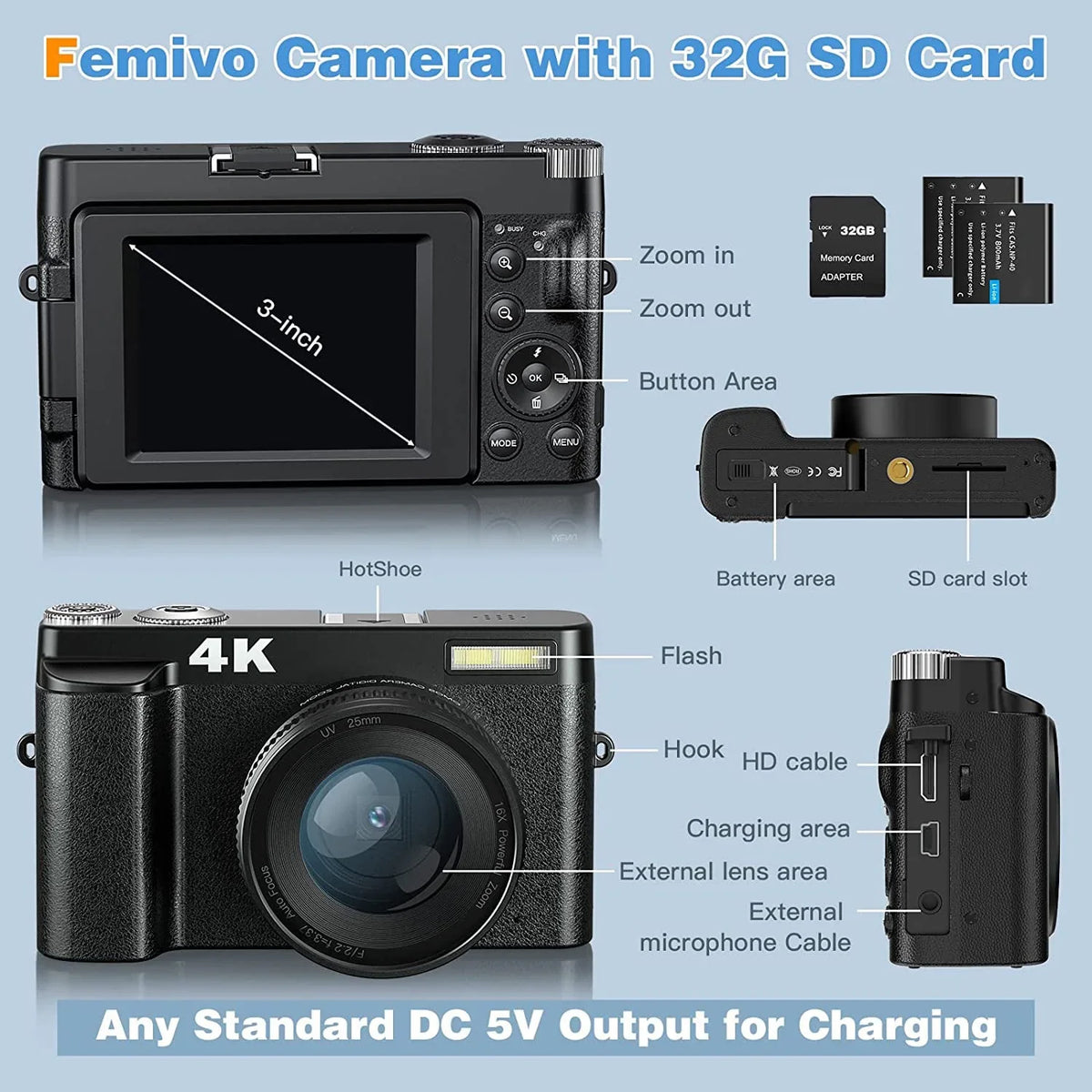 Photography 16X Video 48MP Digital 4K Camera Card 32GB Autofocus Cameras Vlogging for with Camera You for Digital Zoom