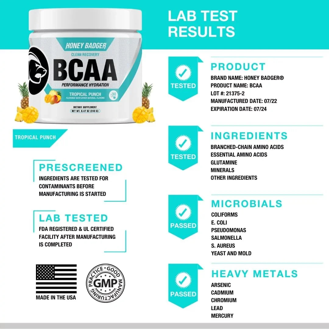 Honey Powder, Keto, Electrolytes Tropical Muscle Women, Workout Post Recovery Free EAA Badger Amino L-Glutamine Drink Servings with BCAAs & Men & + Punch, Vegan, BCAA Acids Mix, For Sugar 30 Hydration