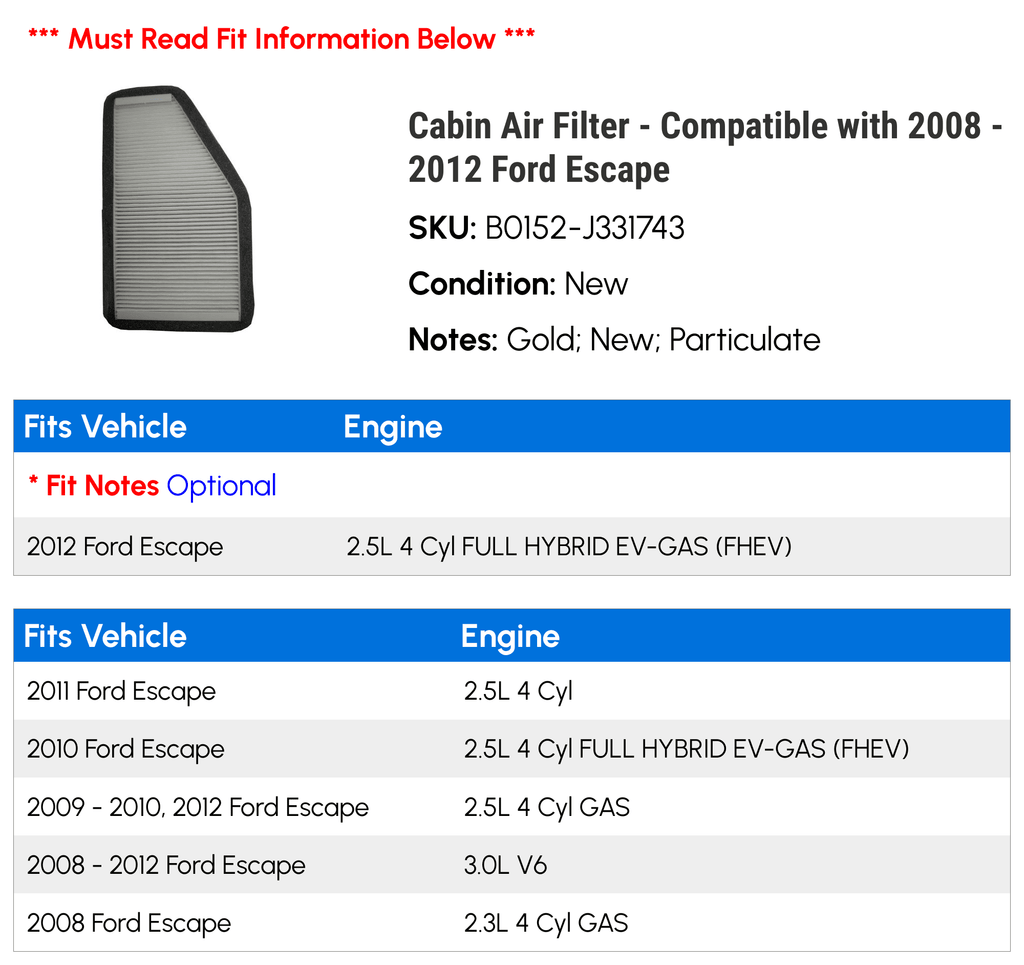 2010 Air Escape Ford Filter 2008 Compatible 2012 with - - 2011 Cabin 2009