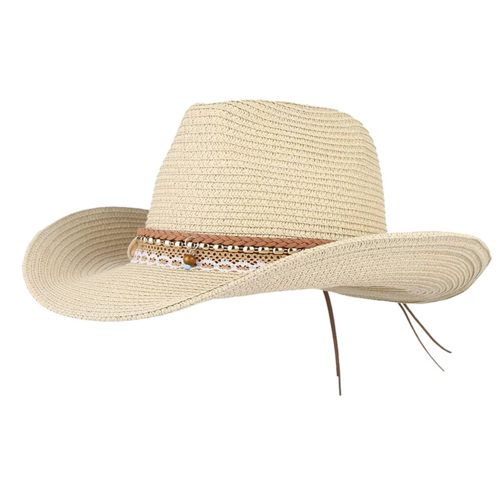 Brim Beige Floppy Packable Trilby Straw Design Big Hat Sun Cowboy Women Western