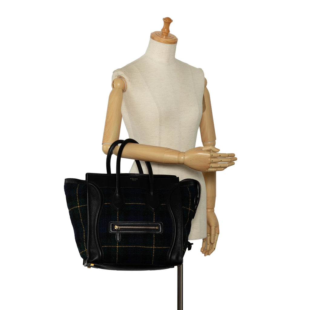 Blue Bag Tote Celine Mini Authenticated (Good) Fabric Luggage Tartan Wool Tote Pre-Owned Unisex