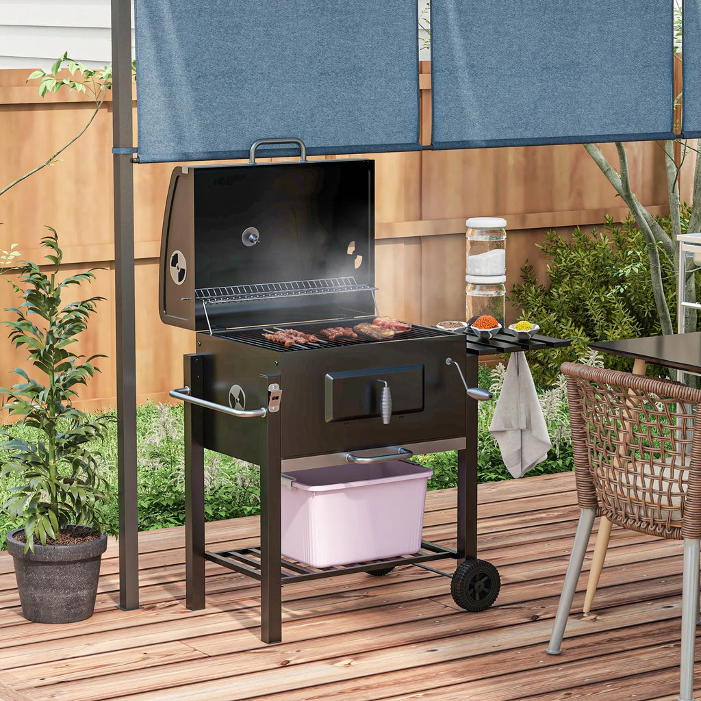Portable Side Homiyad Camping Shelf, Cooker and for Picnic Storage Wheels Outdoor Backyard Or with Charcoal Table, BBQ Grill, Black Handle, Bottom