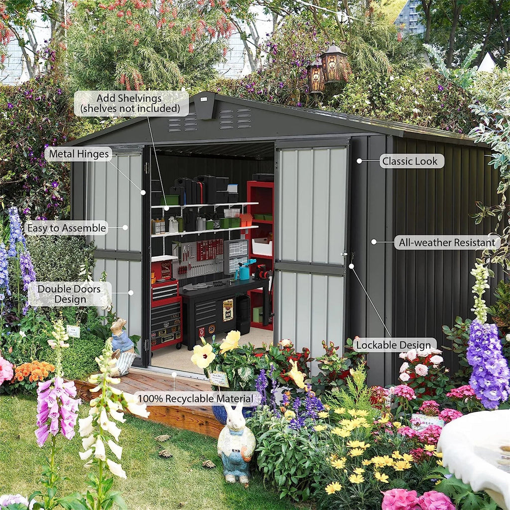 Shed Cabinet Trash with Galvanized Can, Storage Shed 10'x Bike, Patio, Storage Backyard,  Lawn, Black Garden Capri for Lockable Tools, for 8', Steel Outdoor Door Outdoor