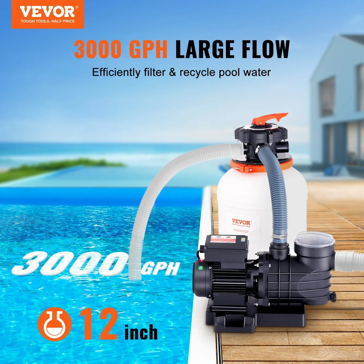 & Filters 3000 HP, Pool 12-Inch Combo 1/2 Sand Pumps GPH Filter Pump, System Swimming
